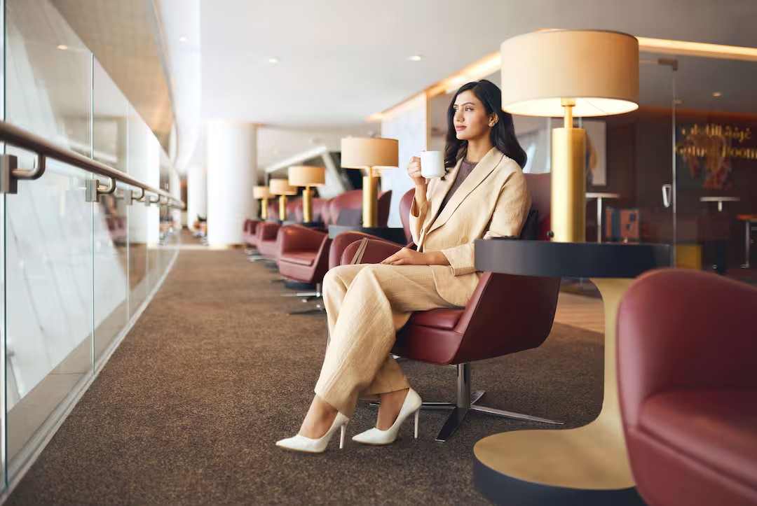 Traveler relaxing in an Etihad Airways lounge
