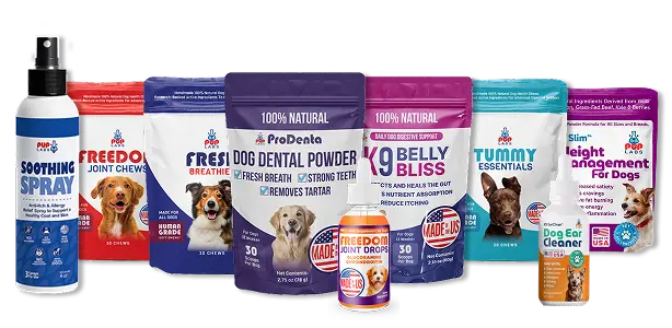 Official Pup Labs product range including dental, joint, digestive, ear, and skin care products